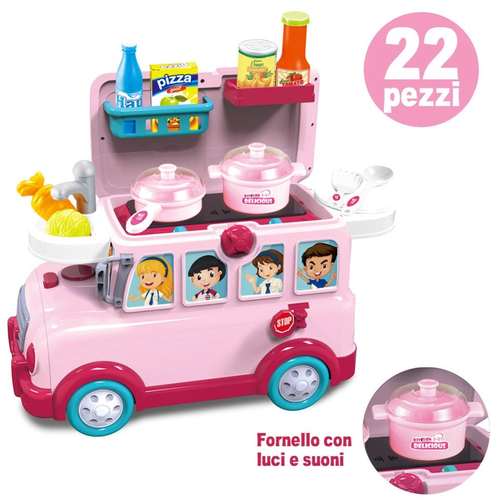 Trade Shop - Cavalcabile Trolley Schoolbus Cucina Giocattolo Bambini 3in1 Luci Suoni Accessori -