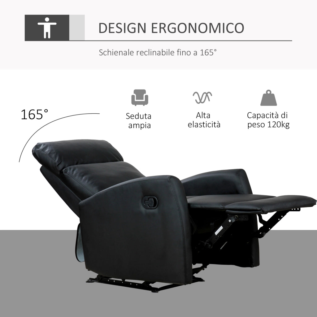 EasyComfort Poltrona Relax Reclinabile, Regolabile ed Ergonomica, in Pelle PU con Imbottitura, per Casa e Ufficio, 65x92x100 cm, Nera