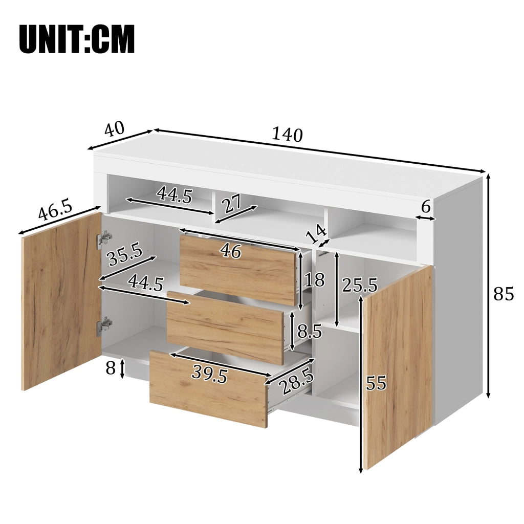 Credenza moderna con 3 cassetti, 2 ante e 3 ripiani aperti, colore bianco e naturale, 140 ¡Á 40 ¡Á 85 cm