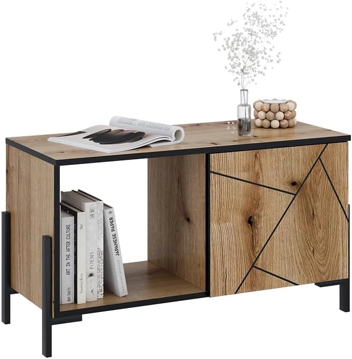 Tavolino da salotto Hatto, Rovere, 90 x 39.7 cm con 1 porta, adatto per riporre e conservare in camera da letto