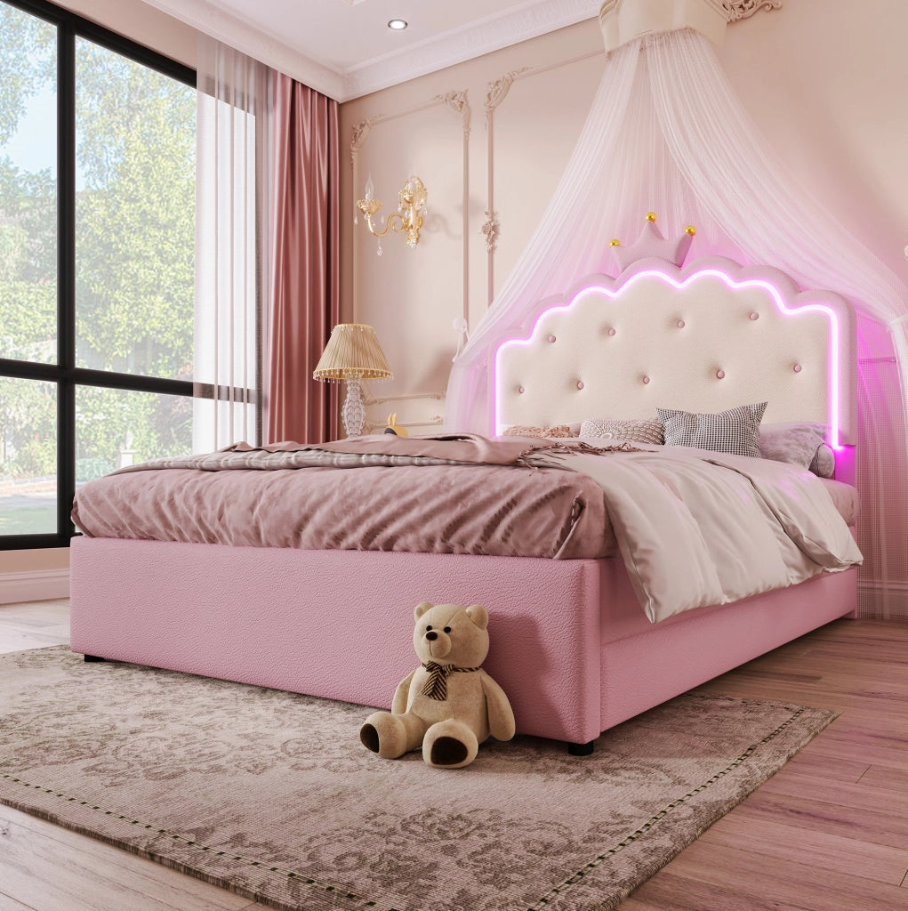 Letto imbottito per bambini 140x200 cm con rete, luce LED e cassetti