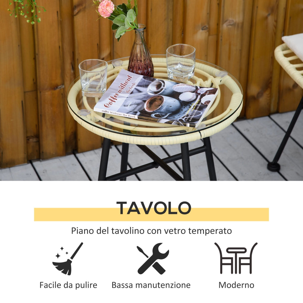 Set di Tavolo e Sedie da Giardino da 3 Pezzi in Rattan PE e Acciaio, Set Bistr¨° da Giardino con Tavolino da Caff¨¨ con Piano in Vetro e 2 Sedie, per Balcone Patio Cortile Esterno, Crema