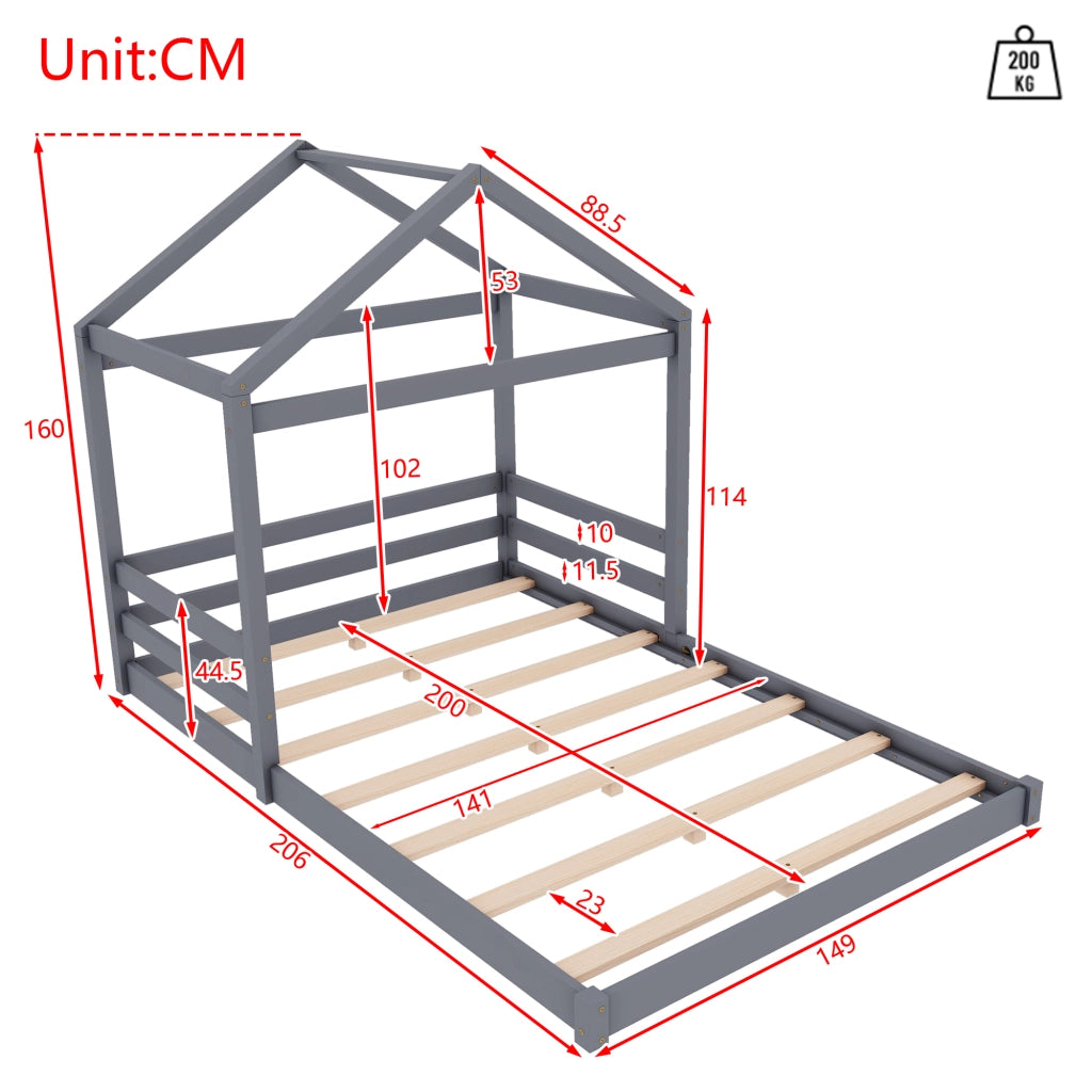 Letto a casetta per bambini 140x200 cm in pino e MDF con rete a doghe, grigio