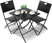 Set di Mobili da Balcone Pieghevole da 3 Pezzi, Mobili da Bistrot, Set Giardino in Rattan, 1 Tavolo e 2 Sedie, Sedia Pieghevole per Balcone, Giardino e Terrazza, Nero