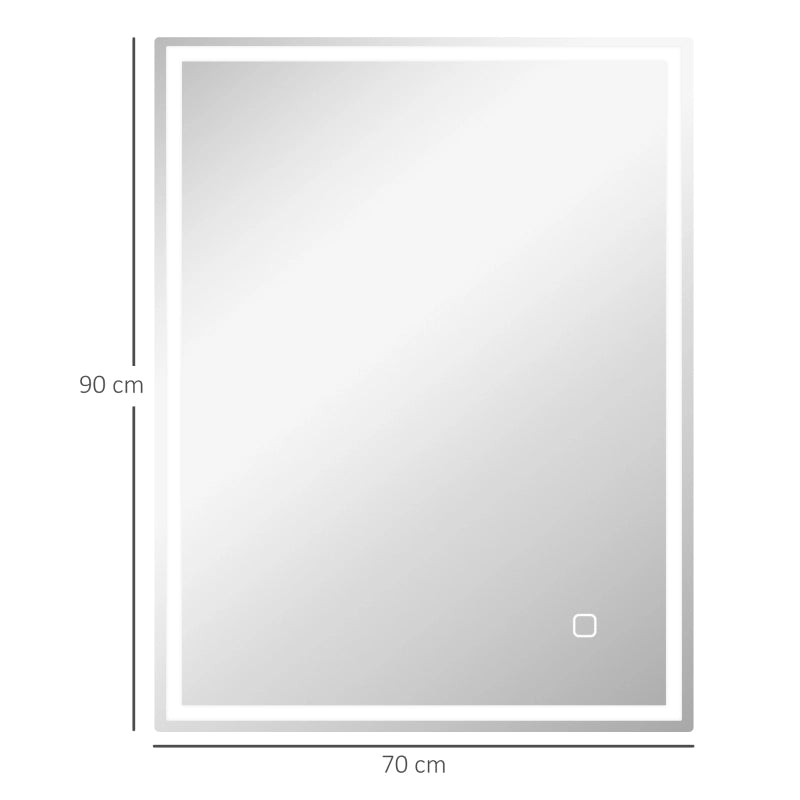 Specchio da bagno LED 90x70 cm con luce a 3 colori, funzione antiappannamento e touch, argento