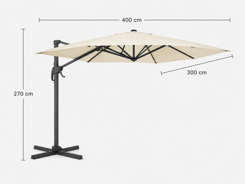Ombrellone Decentrato Girevole 360° Rettangolare Con Struttura In Alluminio E Rotante Braccio In Acciaio Base a Croce E Custodia Inclusa Per Giardino Terrazza Patio E Piscina 4X3 M Ecrù