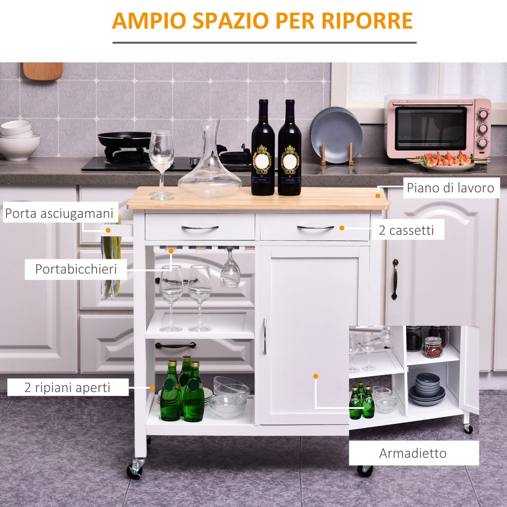 Tavolo da cucina con cassetti e ruote ¨C zephmum ¨C 89x40x84cm, bianco