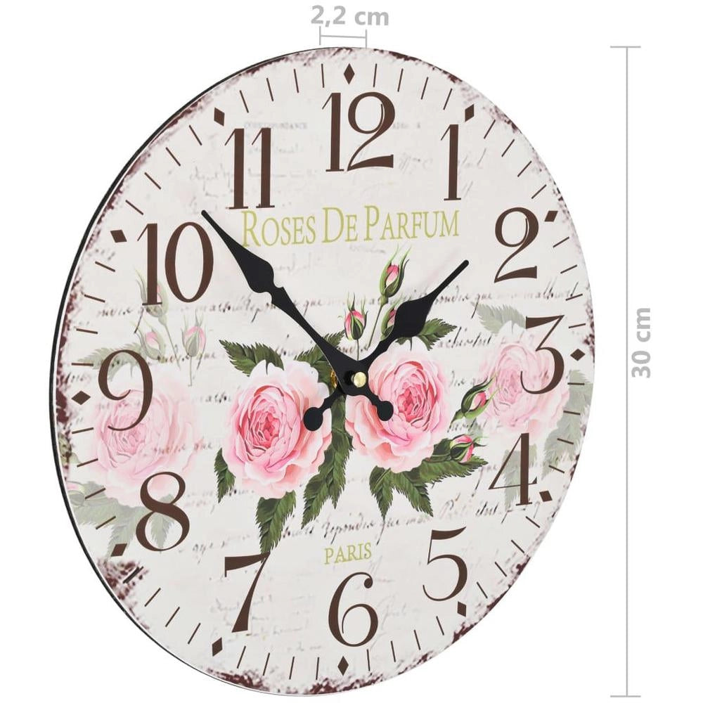 Vintage Wall Clock With Flowers, 30 Cm