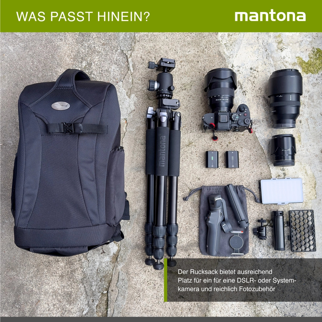 Mantona Zaino fotografico da trekking per fotocamera DSLR Borsa fotografica con supporto per treppiede, copertura antipioggia, interno personalizzabile