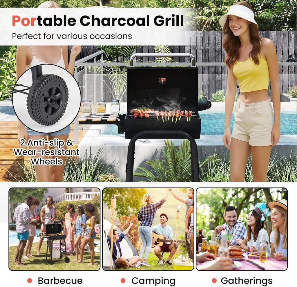Barbecue a carbonella con tavoli laterali pieghevoli e ruote, carrello barbecue con termometro integrato e vano portaoggetti, barbecue a fumo da esterno