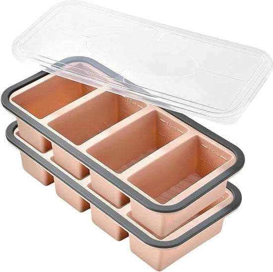 Forme per gelatina in silicone, capacità 1/2 tazza, con coperchio, adatta per la preparazione delle pietanze, il congelamento delle zuppe, salse e brodi, forma per cubetti di ghiaccio grande - set a due pezzi