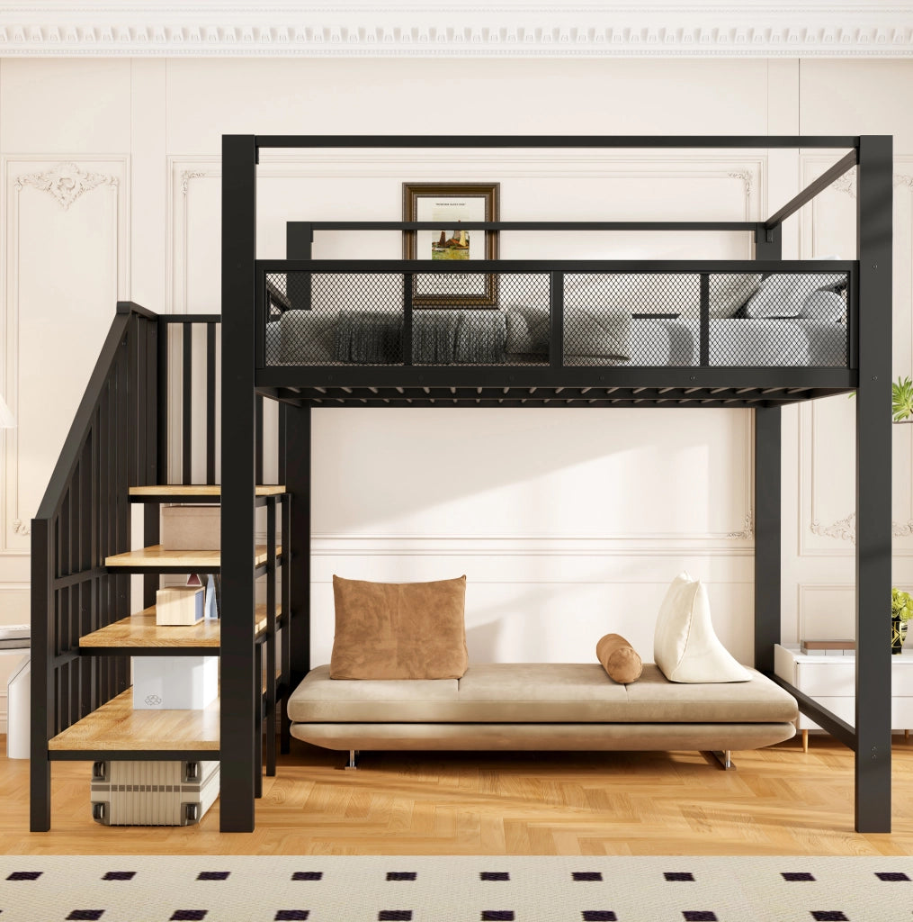 Letto a soppalco 140x200 cm con scala e baldacchino in metallo nero