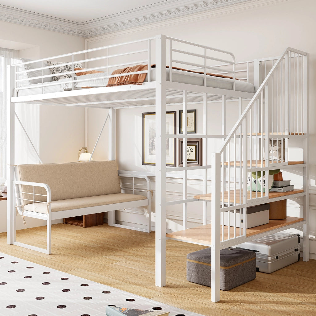 Letto a castello 140 × 200 cm con divano imbottito, scala con contenitore, senza materasso, bianco