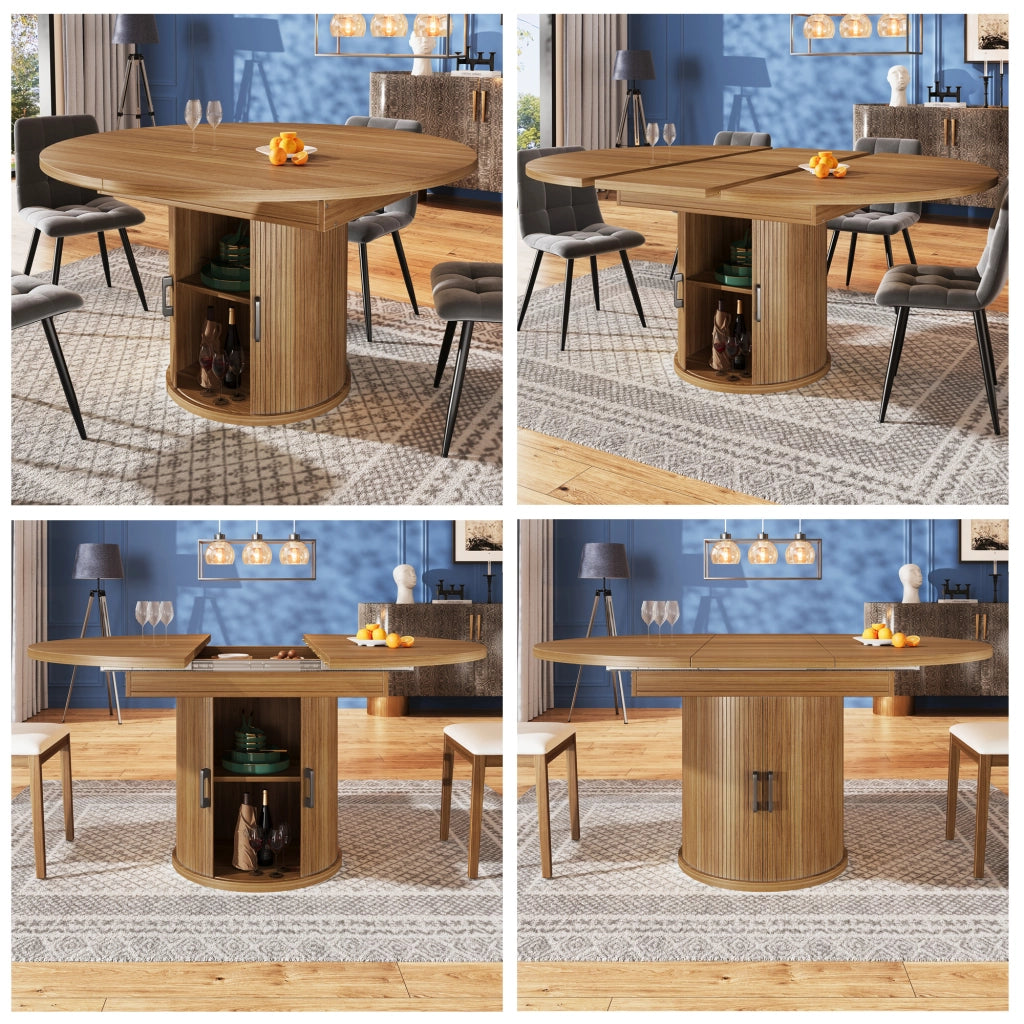 Tavolo da pranzo allungabile con piano estraibile e vano contenitore a due livelli per cucina e soggiorno in MDF noce