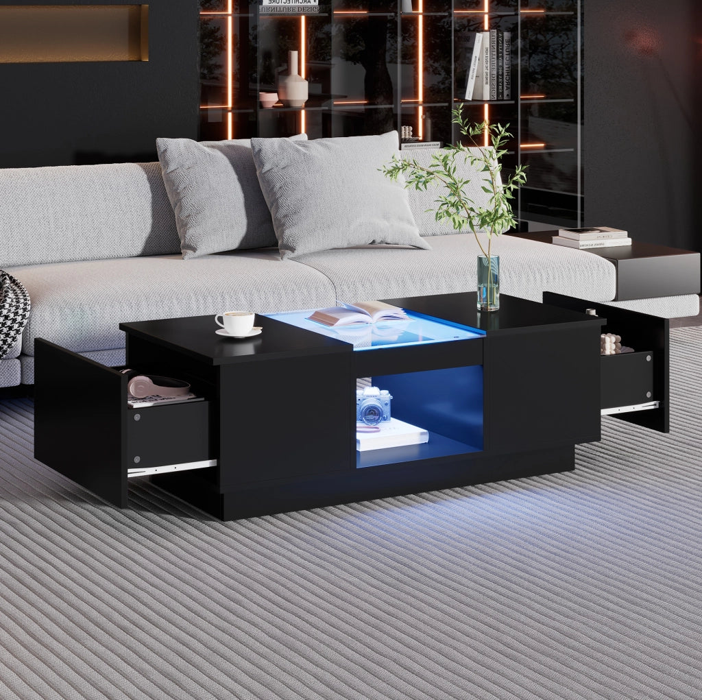 Tavolino da caffè con LED e controllo APP 100 x 50 x 35;5 cm; nero; in truciolare e vetro