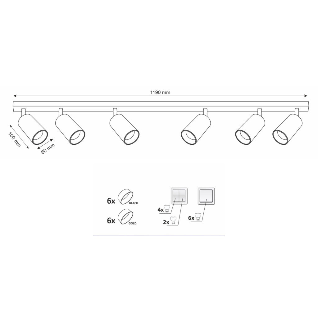 Plafoniera da soffitto 6 faretti GU10 nero/oro Maribel Polux
