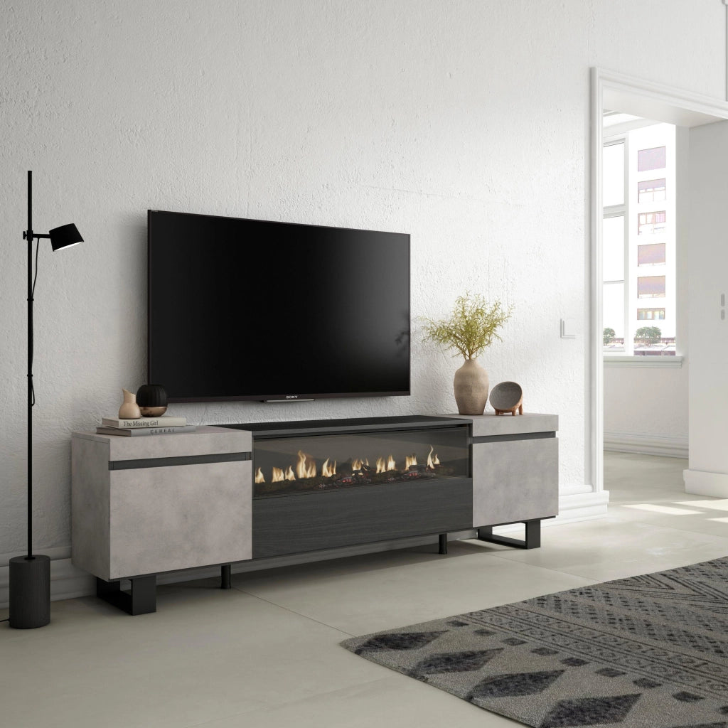 Mobile TV, 200x35x57cm, soggiorno, Per TV fino a 80", Camino elettrico, Design industriale, grigio cemento RF2242