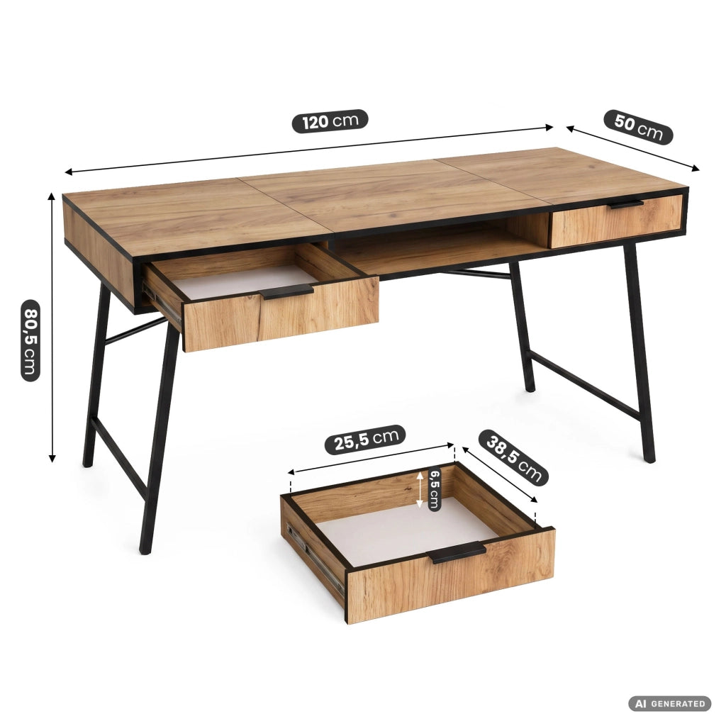 Scrivania industriale per computer Rovere Craft ARDEN 120 cm 2 cassetti 1 ripiano gambe nere