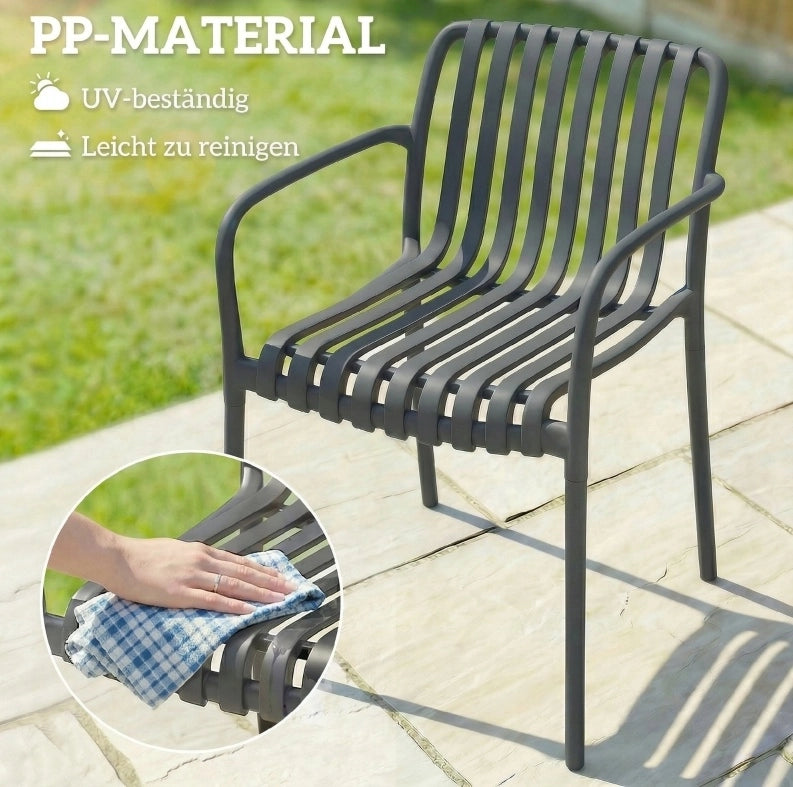 Set di 4 sedie da giardino impilabili in plastica PP con braccioli; grigio scuro