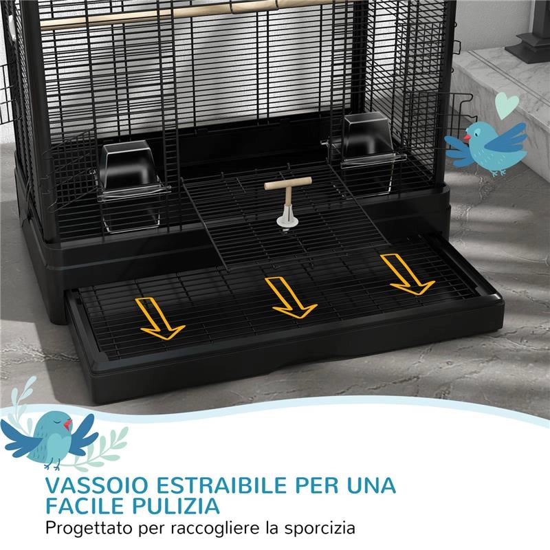 GABBIA PER UCCELLI CON VASSOIO ESTRAIBILE E POSATOI, VOLIERA PER PAPPAGALLI, 61X36.5X98CM, NERO