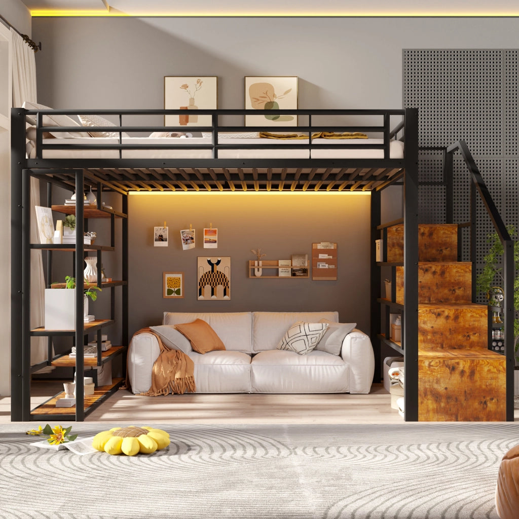 Letto a soppalco 140x200 cm con spazio libero sottostante; LED; ripiano; gradini integrati e parapetto; metallo nero