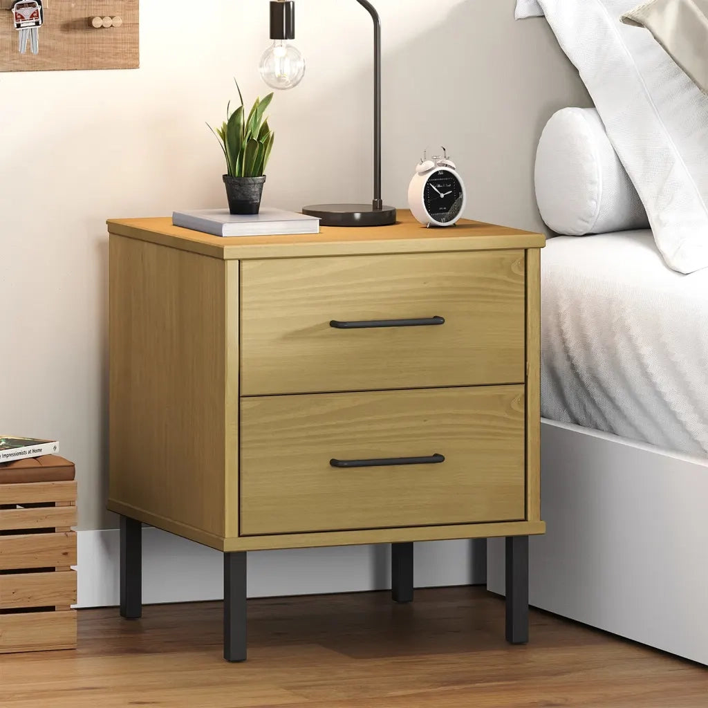 Comodino con Gambe in Metallo Marrone Legno Massello Pino OSLO 350973