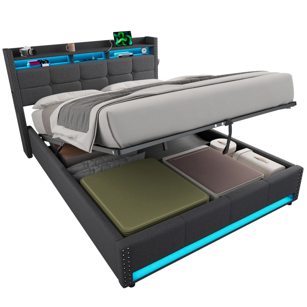 Letto imbottito 140x200 cm grigio scuro con contenitore, testiera regolabile, LED e porte USB