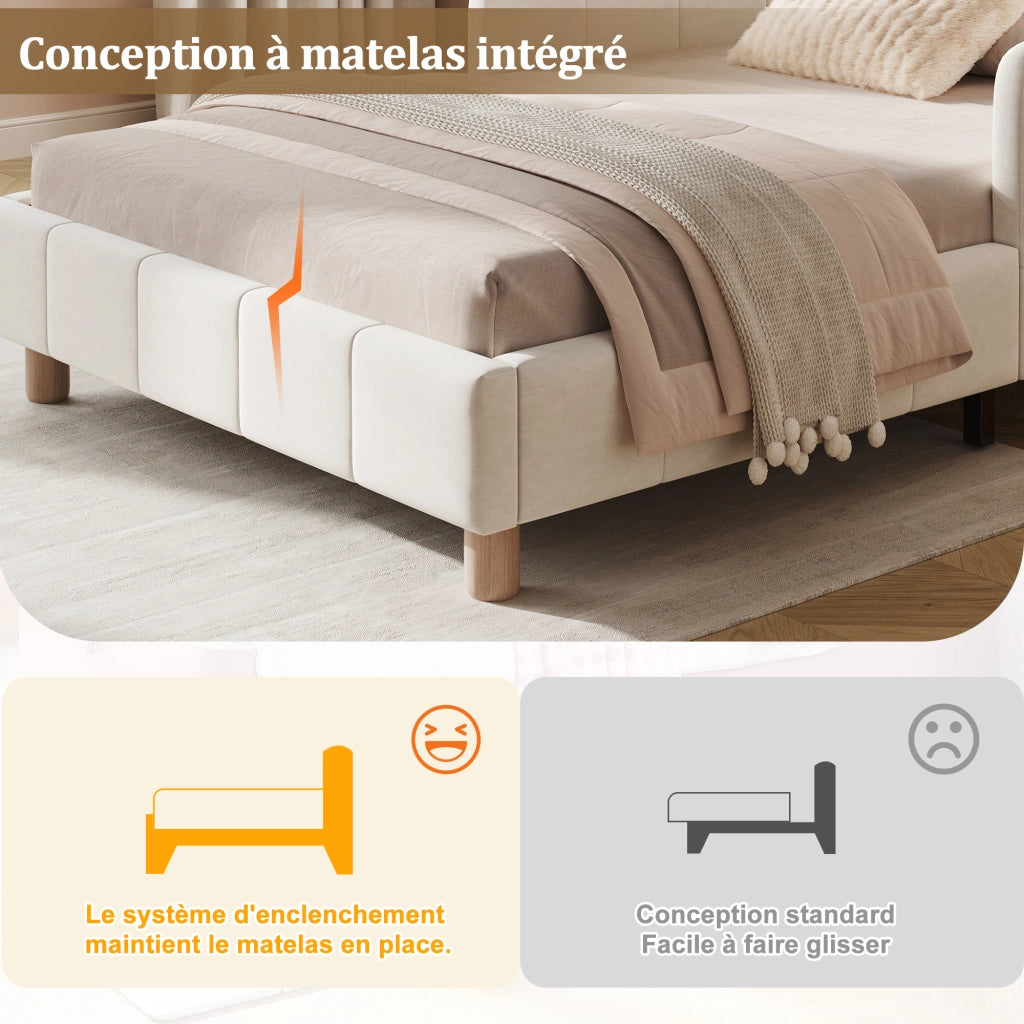Letto divano per bambini 90x200 cm imbottito con testiera; sponda anticaduta e piedi in legno massello; velluto beige