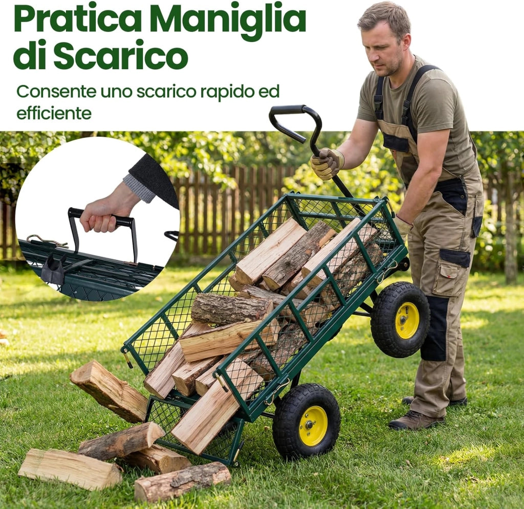 Carrello da Giardino in Metallo, Carretto a Mano con 4 Ruote Pneumatiche, Sponde Rete Rimovibili, Borsa Portaoggetti e Manico Regolabile, Portata 410 kg, per Giardinaggio, Trasporto e Fattoria