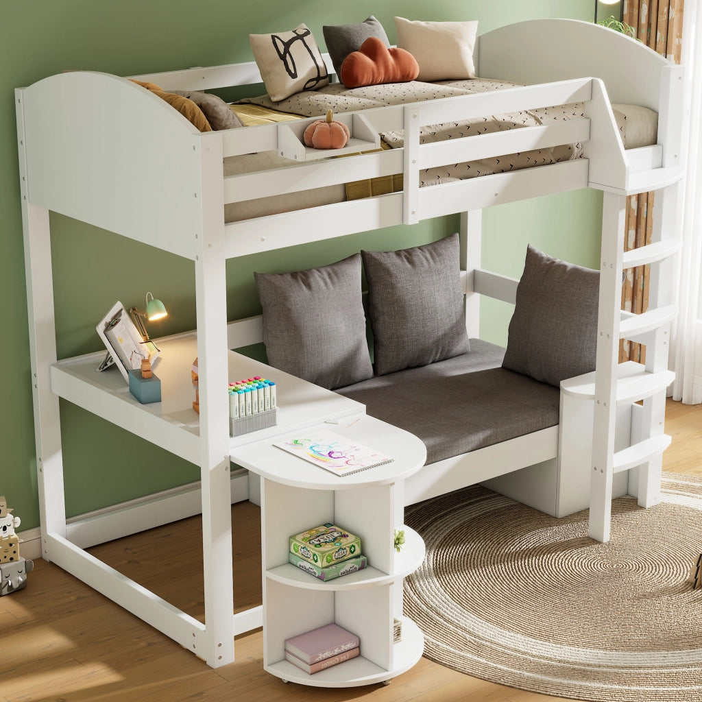 OKWISH Letto a soppalco 90×200 cm, Letto Singolo con Scrivania Estraibile, Divano con Contenitore e Scaffali, senza Materasso, in Legno Massello, Bianco