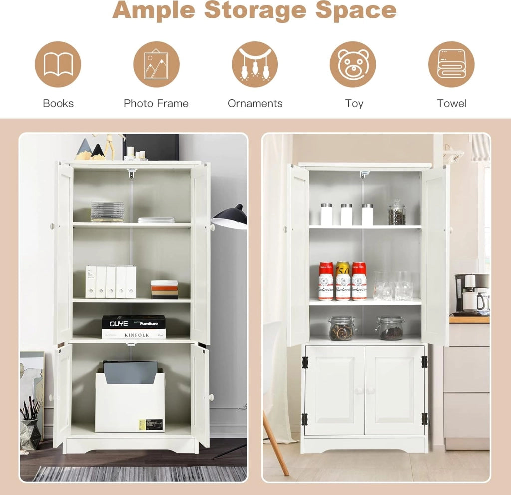 Mobile Multiuso, 4 Ante con Manico, Armadietto da Terra, 2 Ripiani Regolabili, per Bagno, Cucina, Soggiorno, Studio, Ufficio, 58,5x31,5x123 cm, Nero/beige