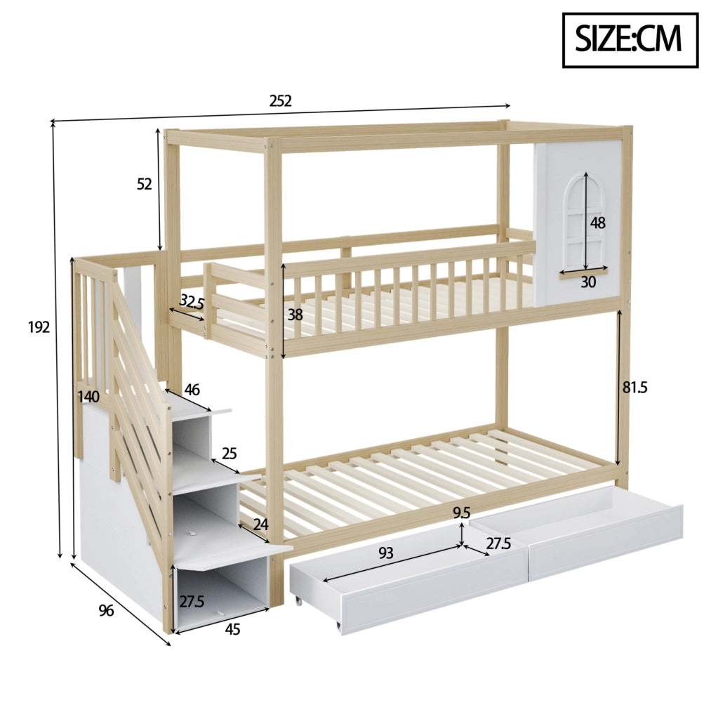 Letto a castello 90x200 cm con scala e cassetti; sponde di sicurezza in legno colore naturale