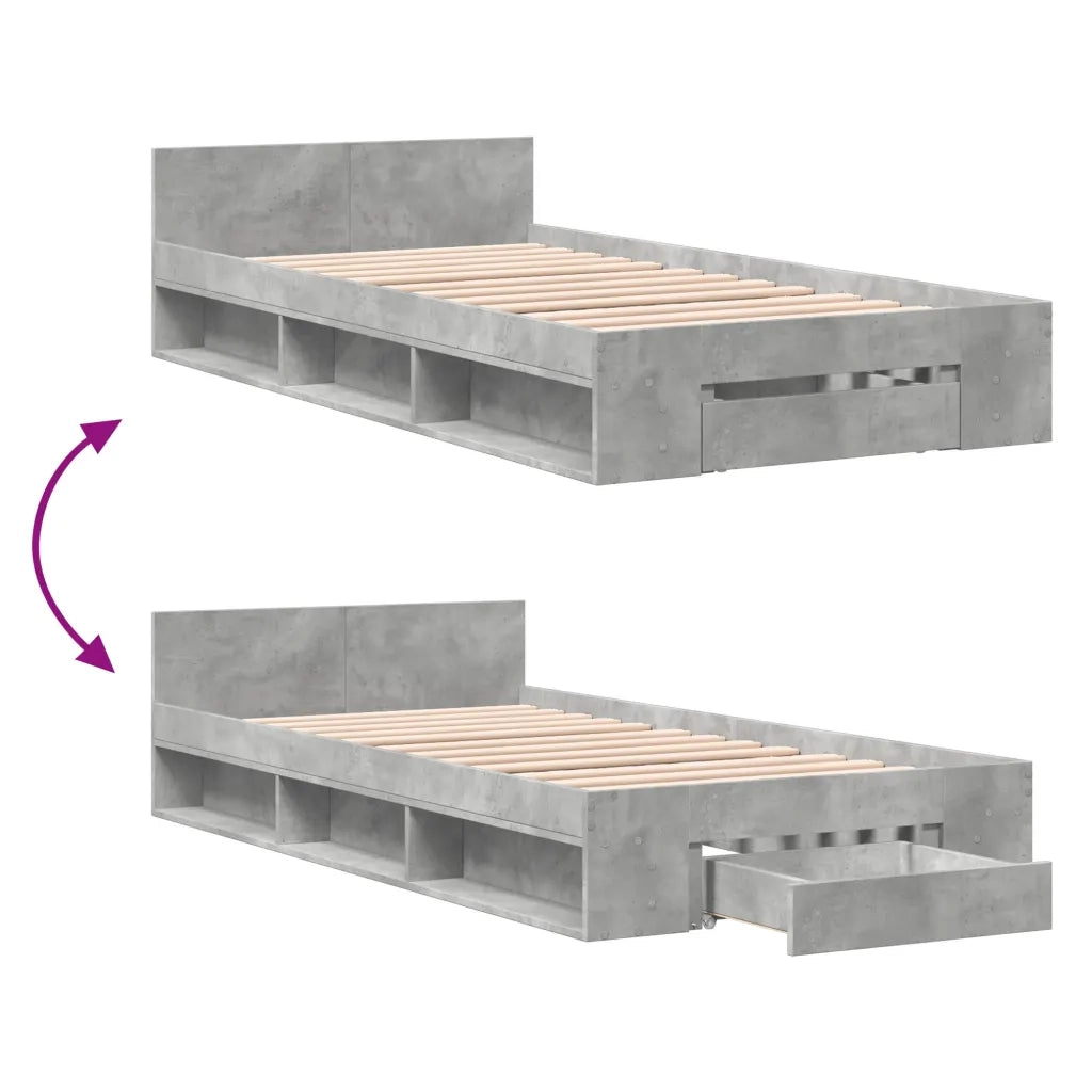 Letto singolo | Letto per adulti | Giroletto Cassetto Grigio Cemento 90x200 cm Legno Multistrato