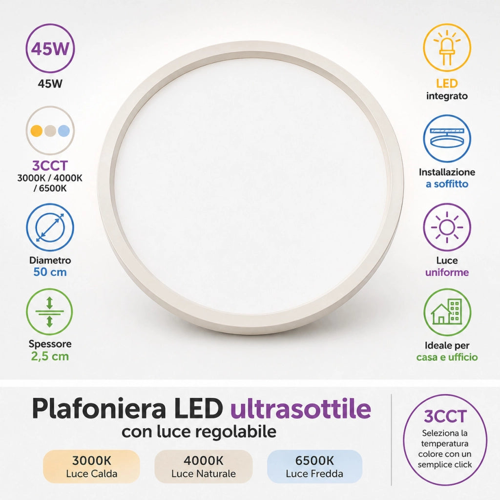 PLAFONIERA LED 45W TONDA Ø50CM LUCE 3000K 4000K 6500K SOFFITTO 3CCT BTL-1001