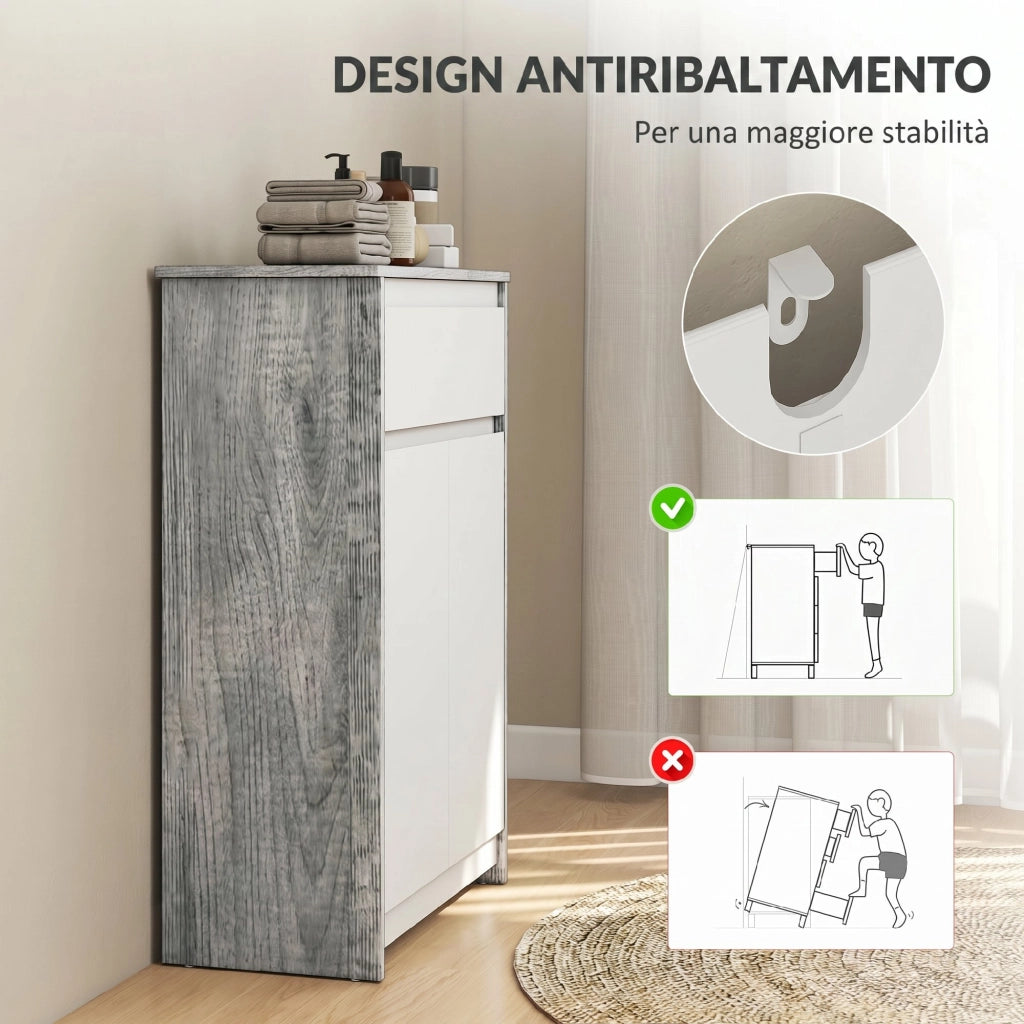 Mobile Bagno Autoportante 60x30x90 cm con Cassetto e Ante Doppie in Legno Grigio e Bianco