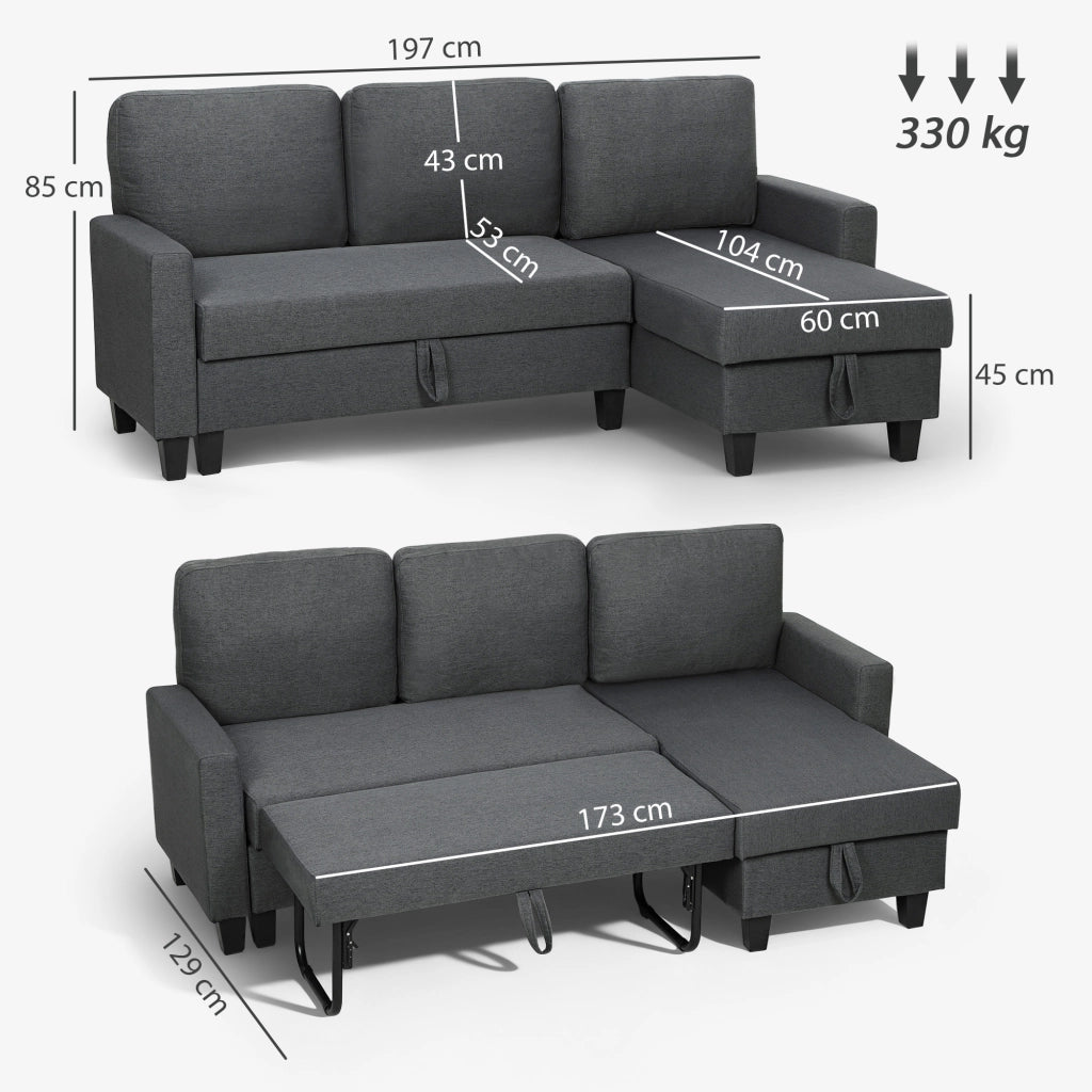 Divano Letto 3 Posti con Chaise e Contenitore ¨C Zephmum ¨C Tessuto Grigio 197x129x85 cm