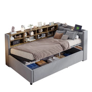 Letto singolo 90x200 cm con contenitore idraulico; USB-C e ripiani in velluto grigio