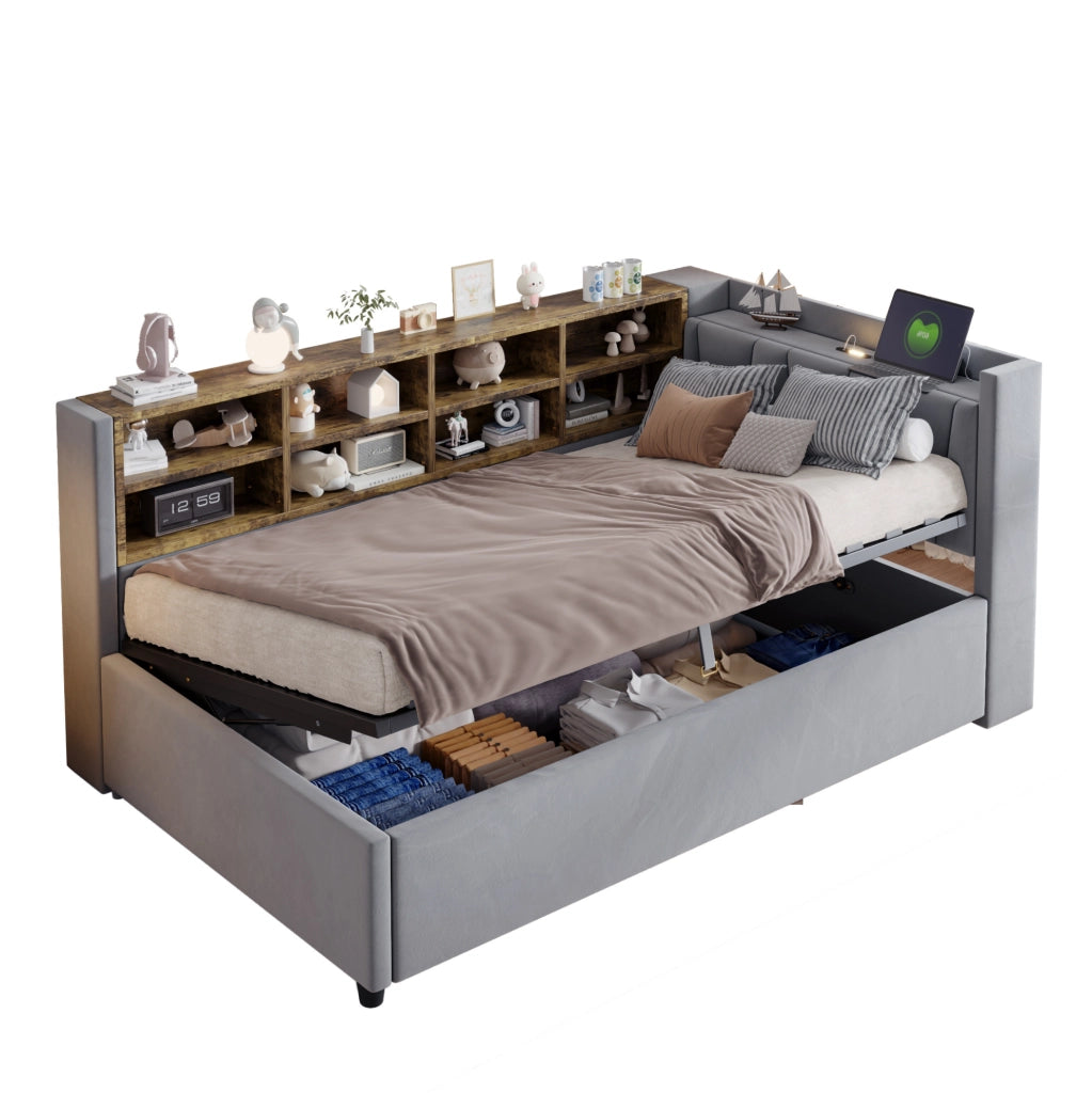 Letto singolo 90x200 cm con contenitore idraulico; USB-C e ripiani in velluto grigio