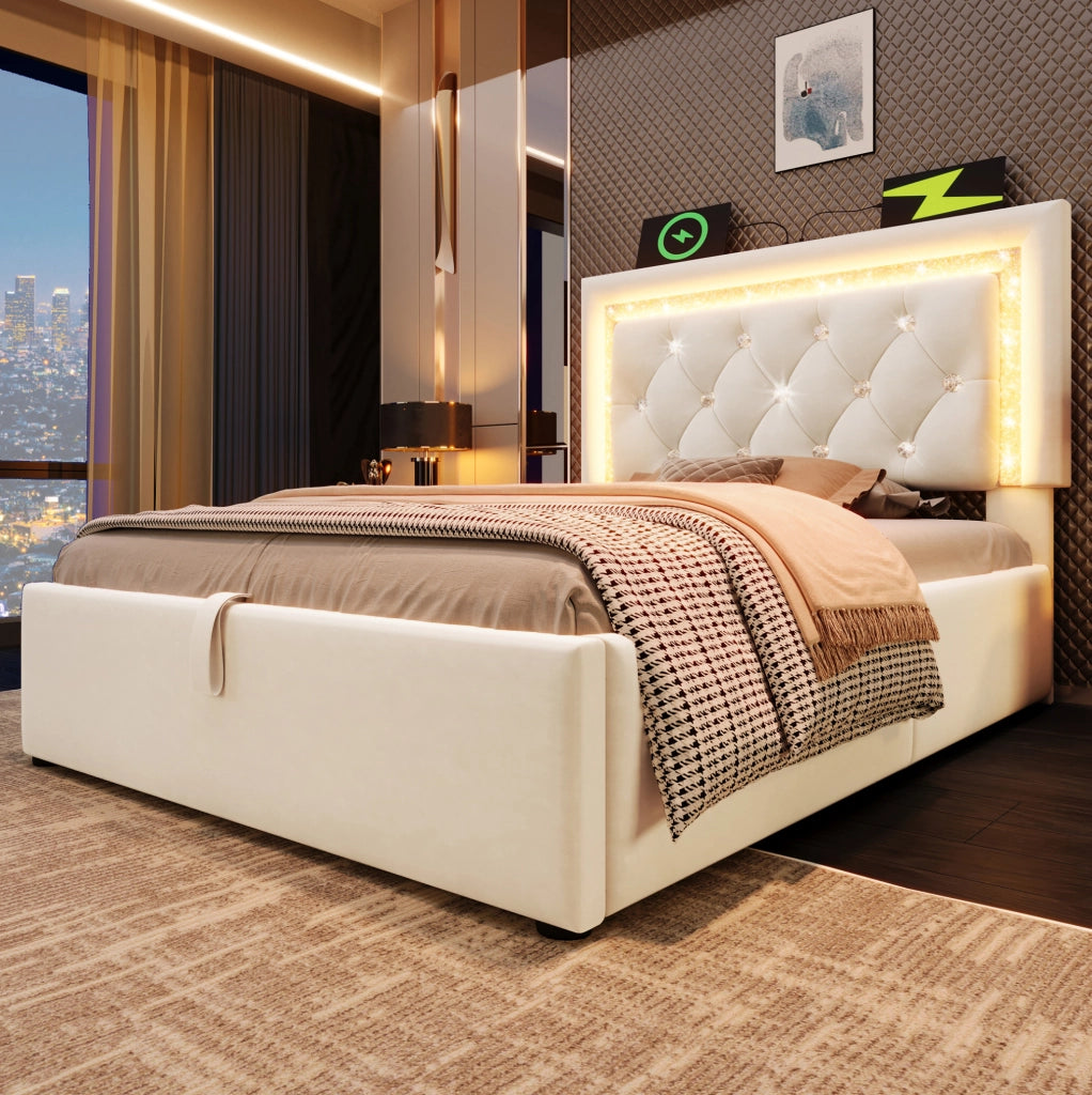 Letto singolo imbottito ULEVR 90x200 cm con contenitore idraulico, LED, USB e Type-C, velluto beige