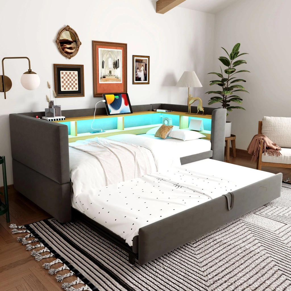 Divano letto imbottito convertibile 90/180 x 190 cm con LED, prese elettriche e vani contenitore, grigio scuro