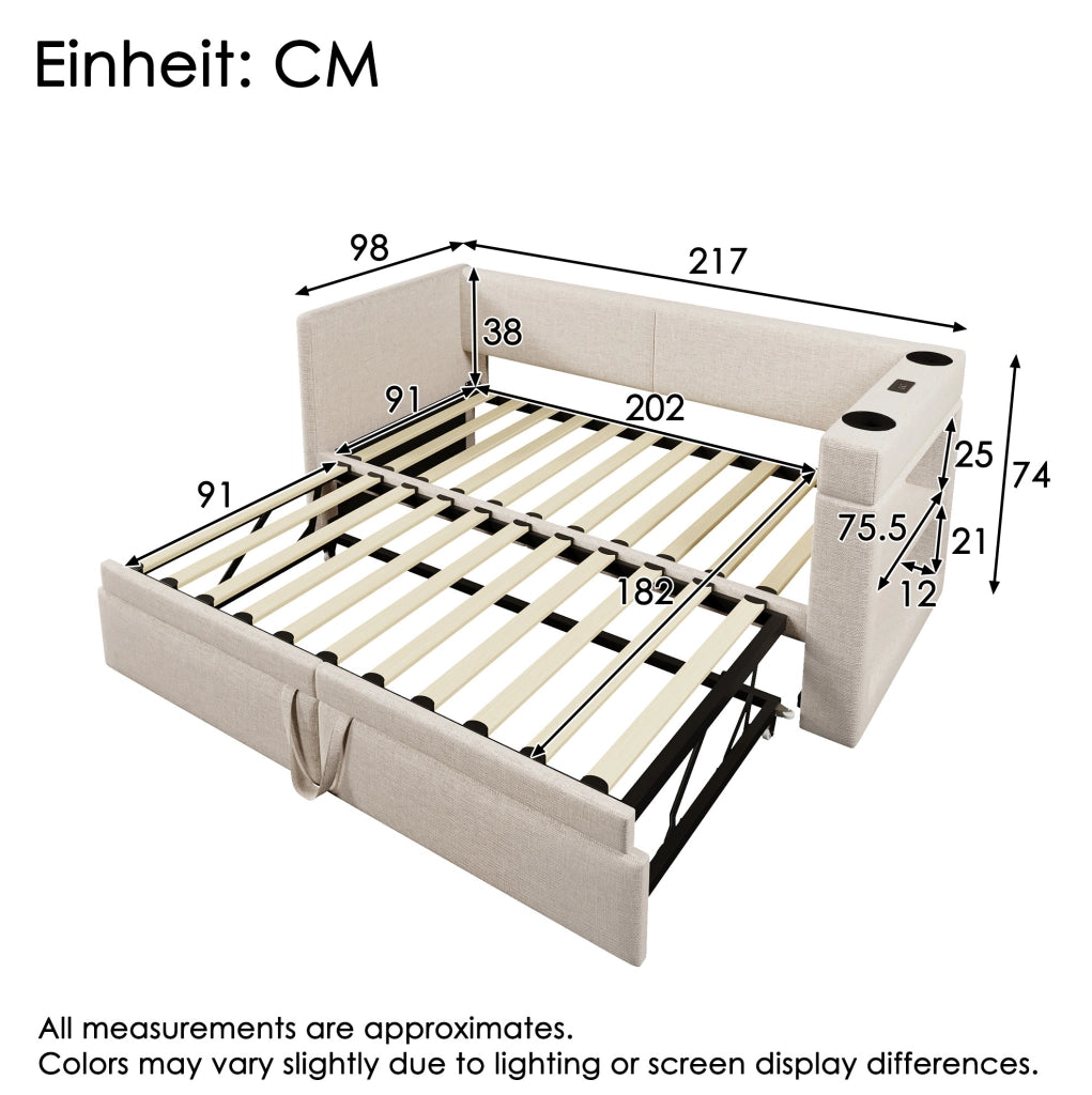 Divano letto estraibile 90x200 cm beige con USB-C e portabicchieri