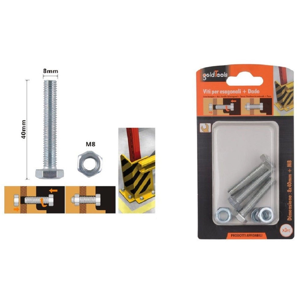 Trade Shop - Set 3pz Vite Viti Per Esterno A Testa Esagonali 8 X 40 Mm Con Dadi Dado M8 90921 -
