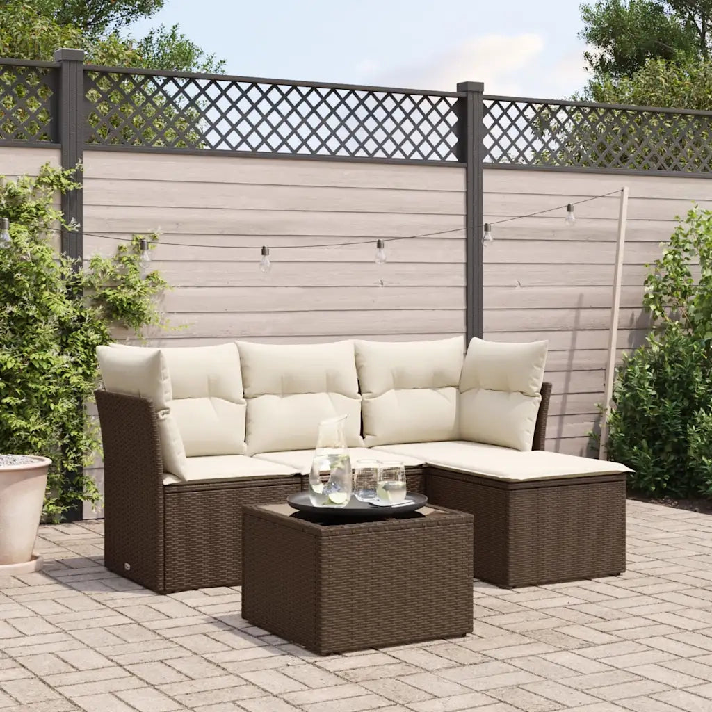 Set Divano da Giardino 5 pz | Set Salotto da Giardino con Cuscini Marrone in Polyrattan