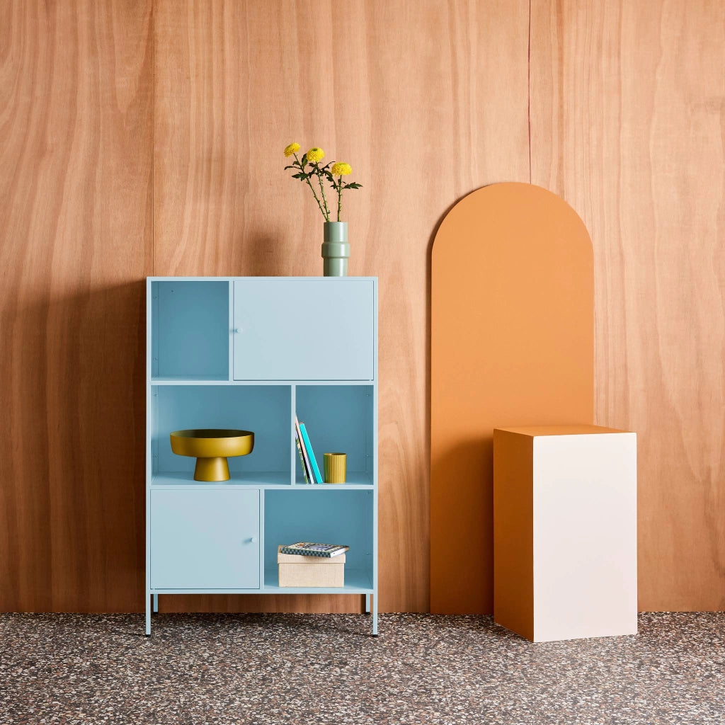 Credenza industriale in metallo con 6 scomparti, blu chiaro