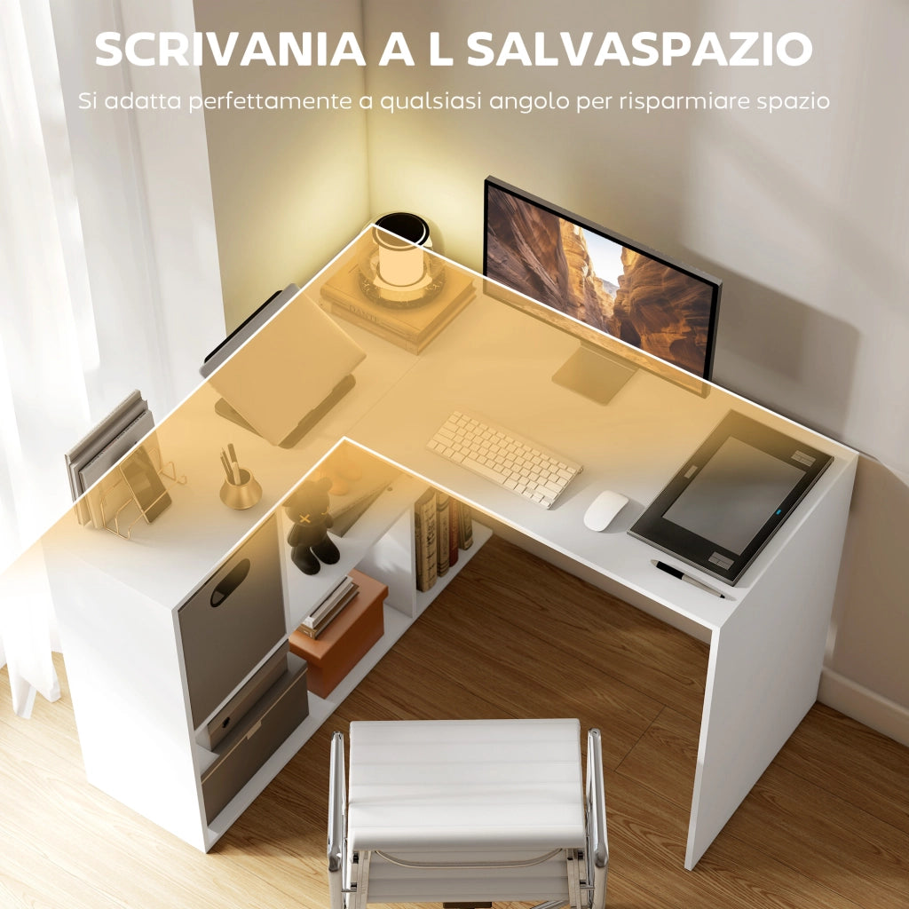 Scrivania Angolare Moderna con Scaffale e Cassetto in Tessuto, 110x100x75 cm, Bianco