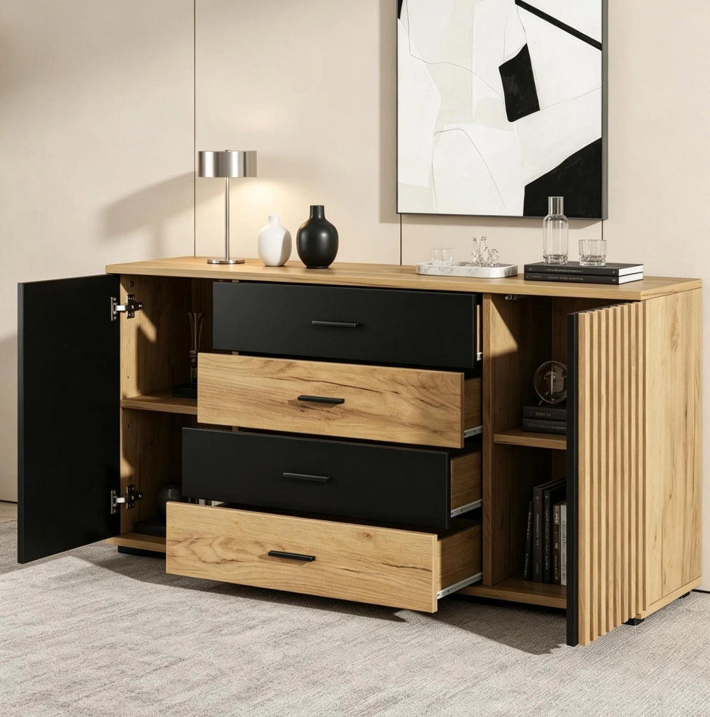 Credenza 140x35x70 cm in MDF, 4 cassetti e 2 ante