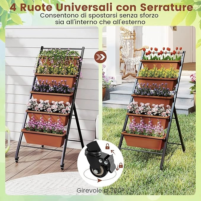 Letto da Giardino a 5 Livelli con 5 Contenitori per Piante, Drenaggio dell'Acqua e Ruote, Fioriere Rialzate in Metallo e PP per Verdure, Fiori ed Erbe, da Patio, Terrazzo e Balcone