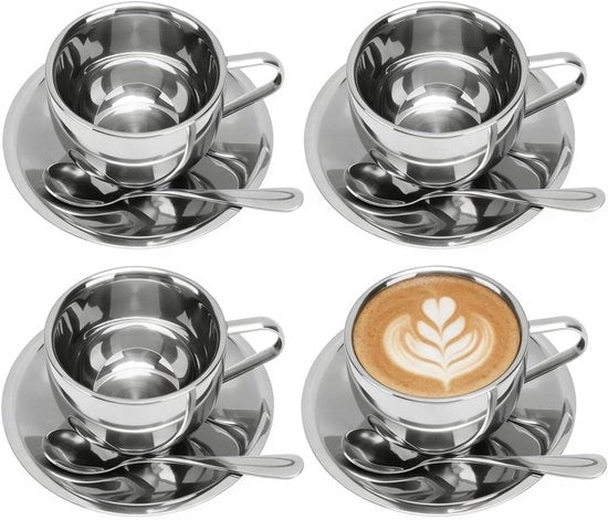 Set di caffè in acciaio inossidabile a 4 pezzi, 180 ml caffè in acciaio inossidabile con ciotola e cucchiaio, tazza a doppio strato/supa a caffè adatta per latte, cappuccino e the di latte.