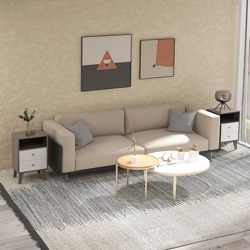 Set di 2 Comodini Moderni per Camera da Letto, Coppia di Comodini con 2 Cassetti e Vano Aperto, 40x34x64cm, Grigio e Bianco