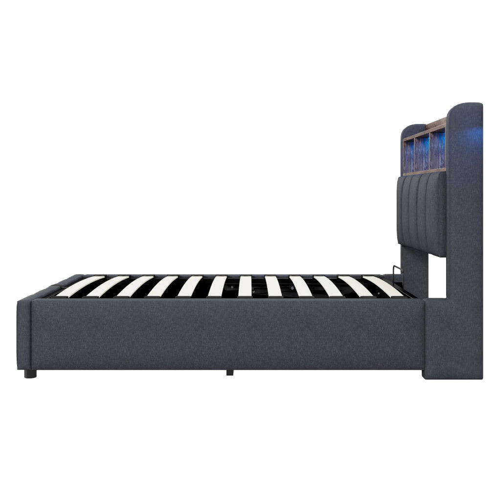 Letto imbottito con LED e porta USB Tipo C; contenitore idraulico 90x200 cm; grigio